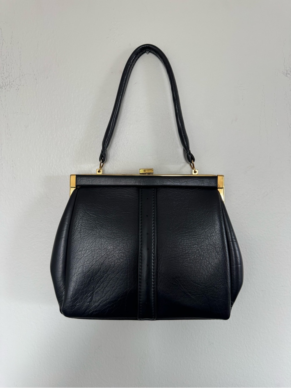 Vintage Black Structured Frame Handbag Gold Hardware Top Handle Purse